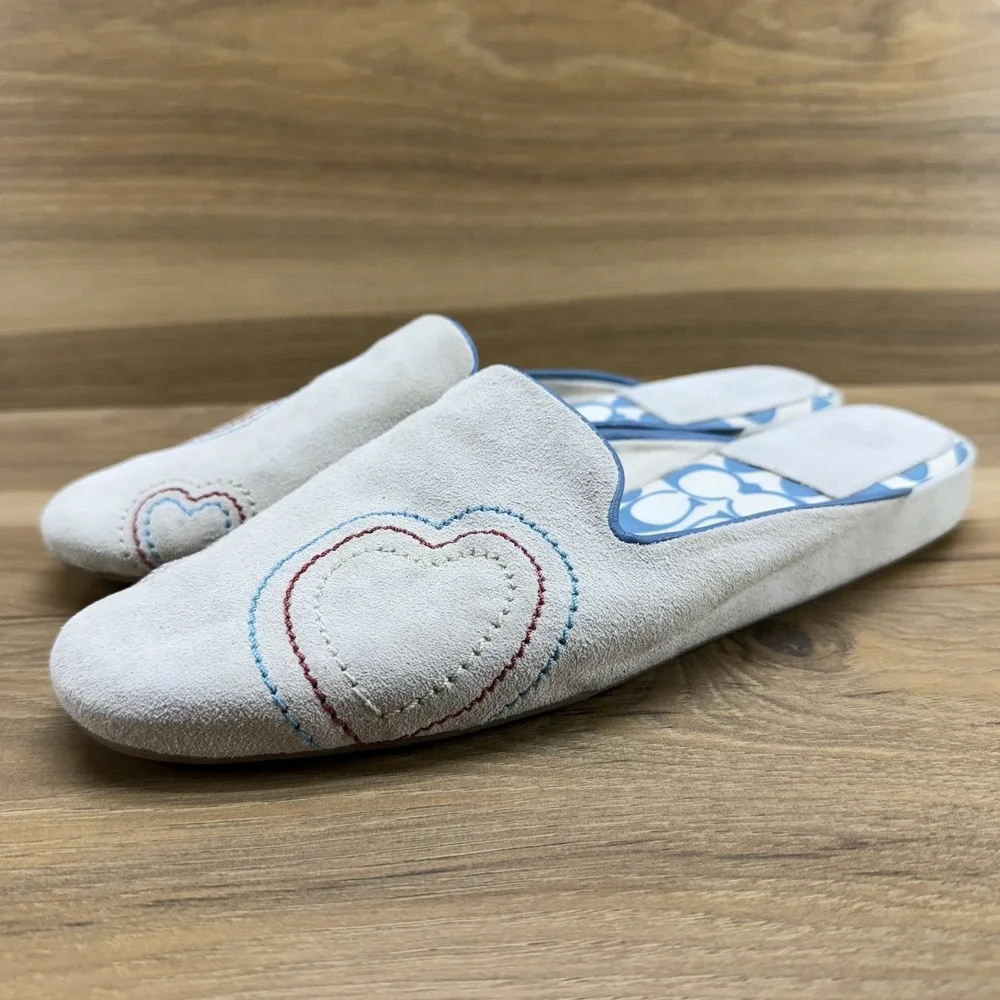 COACH Y2K Bone Suede Slippers House Womens 9 Heart Stitched Zoey